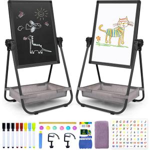 WEYOUNG Kids Easel, Adjustable Double-Sided Whiteboard & Chalkboard 360Rotating, Magnetic Standing Art Toddler Easel Kids for Boys and Girls 3+ with Drawing Accessories, Black