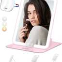 ESWU Travel Makeup Mirror with Light, Portable Folding Make Up Tabletop Mirrors with 10X Magnifying Mirror Rechargable 3 Colors Light Compact Vanity Mirror with Adjustable Stand (Pink)