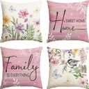 AVOIN colorlife Spring Saying Flowers Butterfly Pink Throw Pillow Covers, 18 x 18 Inch Home Sweet Home Cushion Case for Sofa Couch Set of 4