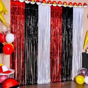 Maga-L Cartoon Monster Birthday Party Supplies,2 Pack Red Black and White Foil Fringe Curtains, Animation Themed Photo Booth Prop, Photo Backdrop, Streamers for Kids Cartoon Birthday Party Decorations