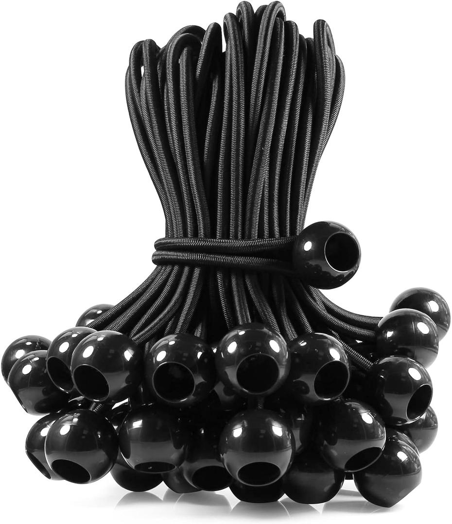 Bungee Cord with Balls 15 Inch, UV Resistant, Black, 50- Piece