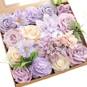 Floroom Lavender Violet Lilac Artificial Flowers Fake Roses Peonies Dahlias Greenery Combo Box Set for DIY Purple Wedding Bouquets Bridal Shower Centerpieces Floral Arrangements Party Table Decoration