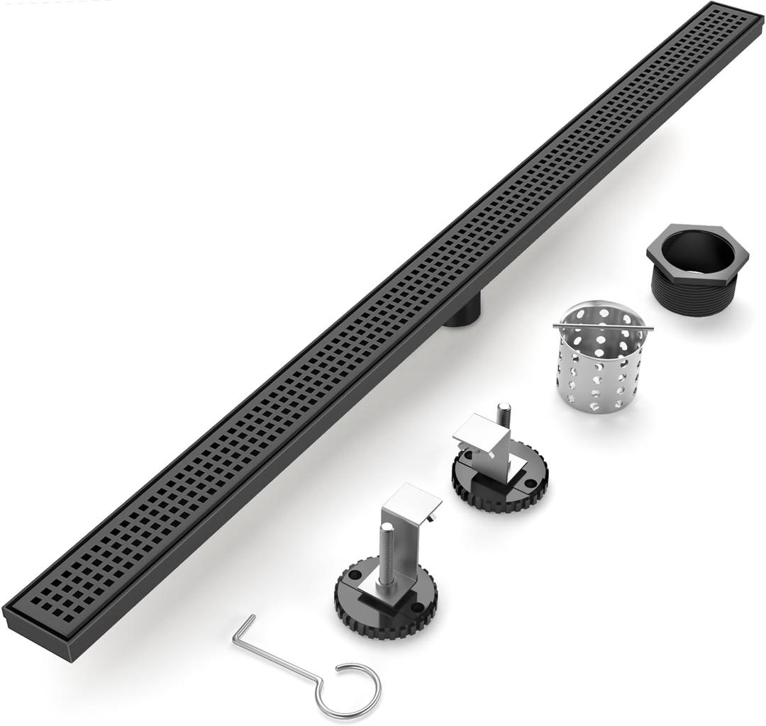 Linear Shower Drain - 48 Inch Matte Black, with Grate Removable | AISI 304 Stainless Steel Shower Drain with Adjustable Feet, Hair Catcher, Rectangle Shower Floor Drain Fits Bathroom, Balcony