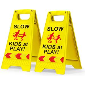 2 Pack Kids at Play Safety Signs for Street, Children at Play Safety Signs with Reflective Tape 17.5" Height Double-Sided Easier to Identify, Slow Down Kids at Play Sign for Street Neighborhoods Community(Yellow)