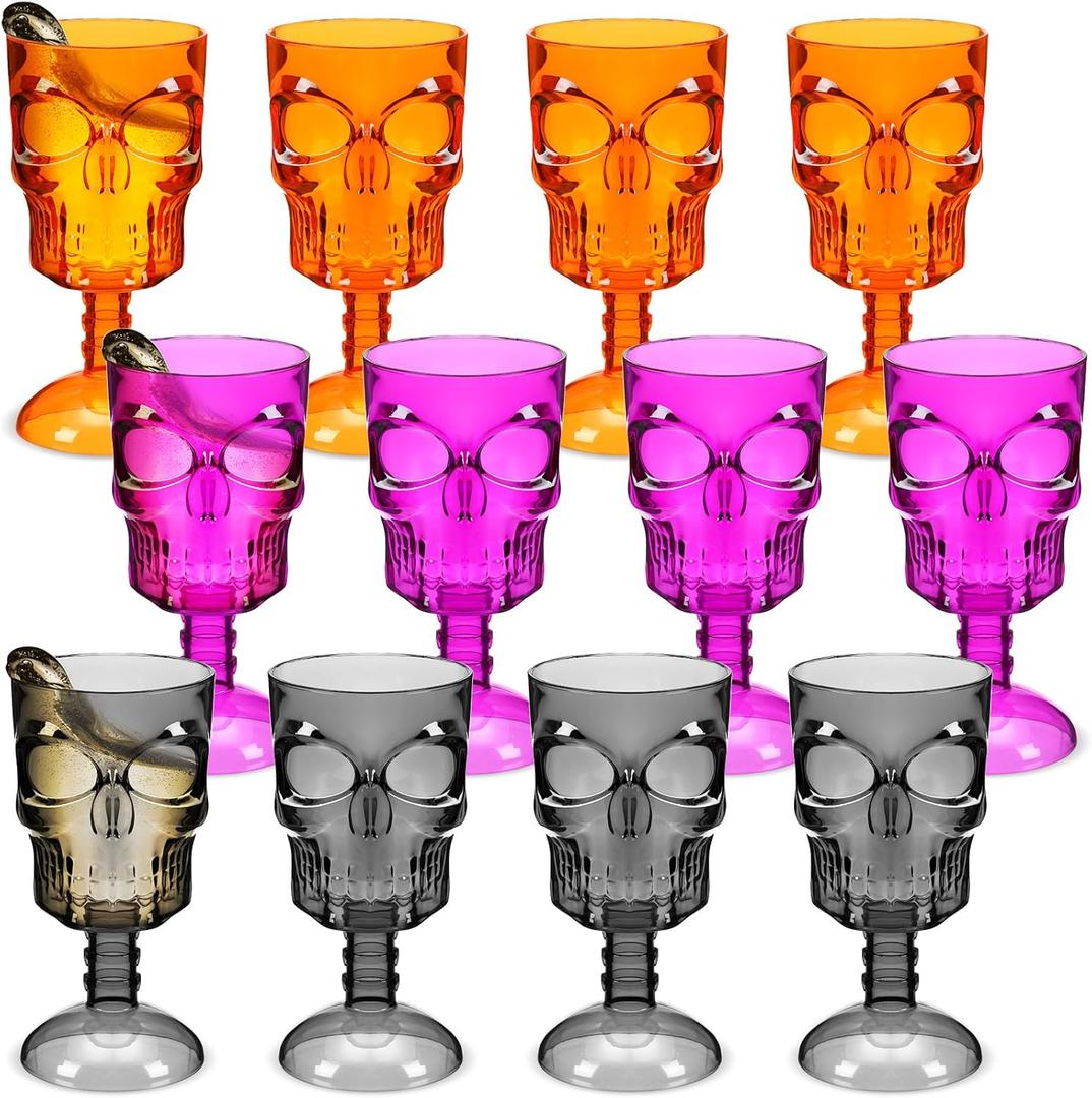 Bokon Set of 12 Halloween Cups Skull Goblets Gothic Party Table Decorations Plastic Wine Goblet Halloween Party Supplies Skeleton Themed Centerpiece (Orange, Purple, Black)