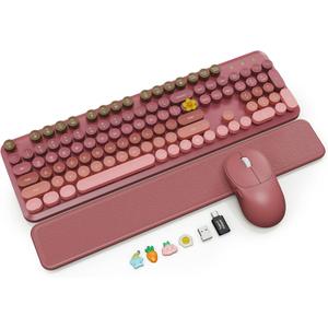 Wireless Keyboard and Mouse Combo, Magnetic Soft-Touch Wrist Rest, Round Keycaps, Full-Size Retro Typewriter Keyboard, 2-Stage Tilt Legs, Auto Sleep, 2.4GHz Cordless for Windows PC, Rose Pink Ombre