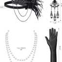 1920s Dresses for Women, Sequin Fringed Gatsby Flapper Cocktail Dresses with 20s Accessories Set, Roaring 20s Costumes (Black)