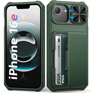 BXYJY for iPhone 16e Wallet Case, Builtin Credit Card Holder (45 Cards), RFID Block, Slide Camera Cover, Military Protection, Rugged Heavy Duty Women Men Protective Phone Case for iPhone16 E, Green