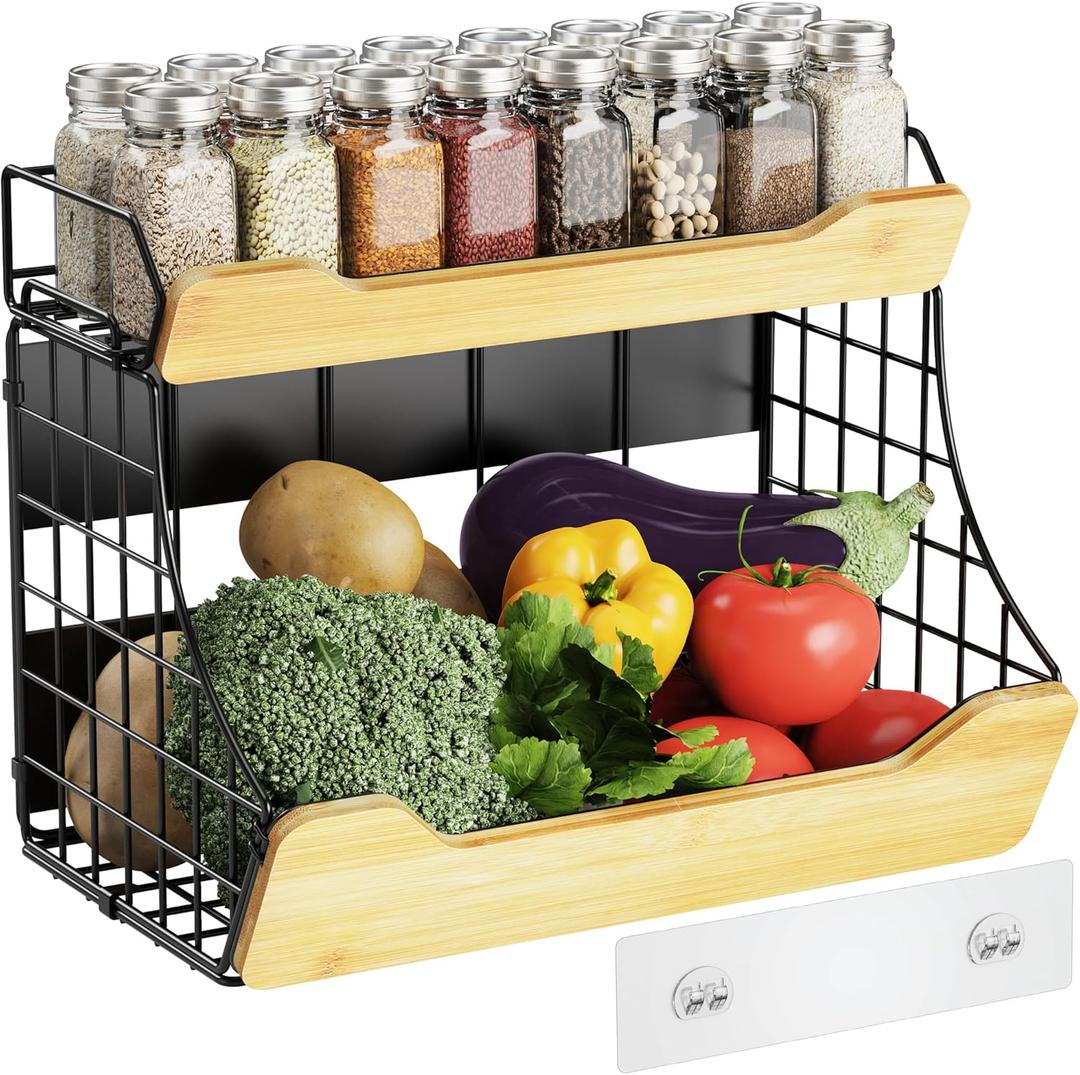 Magnetic Shelf for Fridge - Fruit, Vegetable Potato and Onion Storage Bin with Adjustable Spice Rack - Large Container with Bamboo Board Fence for Refrigerator, Kitchen Counter, Cabinet