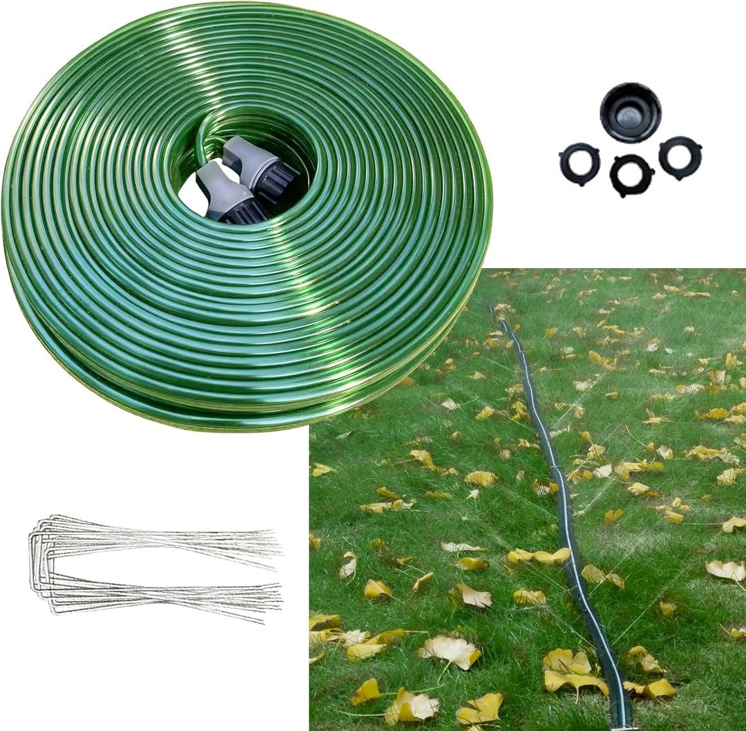SECBULK 75 FT Flat Sprinkler Hose for Lawn Watering Garden Soaker Hose with Holes, Heavy Duty Lightweight No-Kink Water Hose with Stakes, Irrigation Hose, Great Fun for Kids and Dog