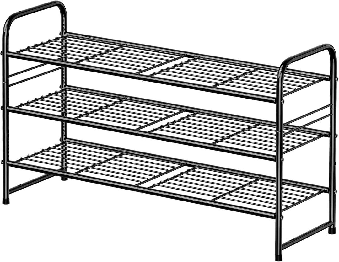 Metal Shoe Rack, 3 Tier Closet Shoe Organizer Sturdy Stackable, 32.5" Wide Shoe Storage Stand for Entryway, Garage, Bedroom, Black