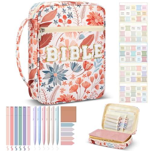 Sinload 20 Pcs Bible Journaling Kit Include Letter Bible Cover for Women 6 Highlighters 6 Colored Gel Pen No Bleed Sticky Tabs, Case Tote Bag with Handle for Study Supplies Gifts(Boho Plants)