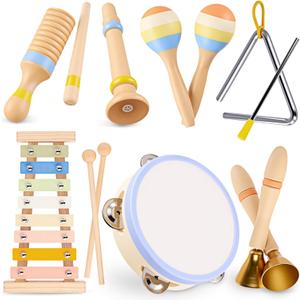 Montessori Wooden Musical Instruments for Toddlers 1-3, Baby Music Toy Set with Xylophone, Tambourine, Triangle, Clarinet, Maracas, Natural Sensory Educational Toys for Boys and Girls
