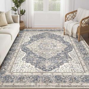 Washable Rug 6x9 Area Rugs for Living Room Bedroom Dining Room Home Office Floor Decor -Stain & Fade Resistant Non Slip Backing Carpet,Ultra-Thin Vintage Large Carpets (Blue/Beige, 6'x9')