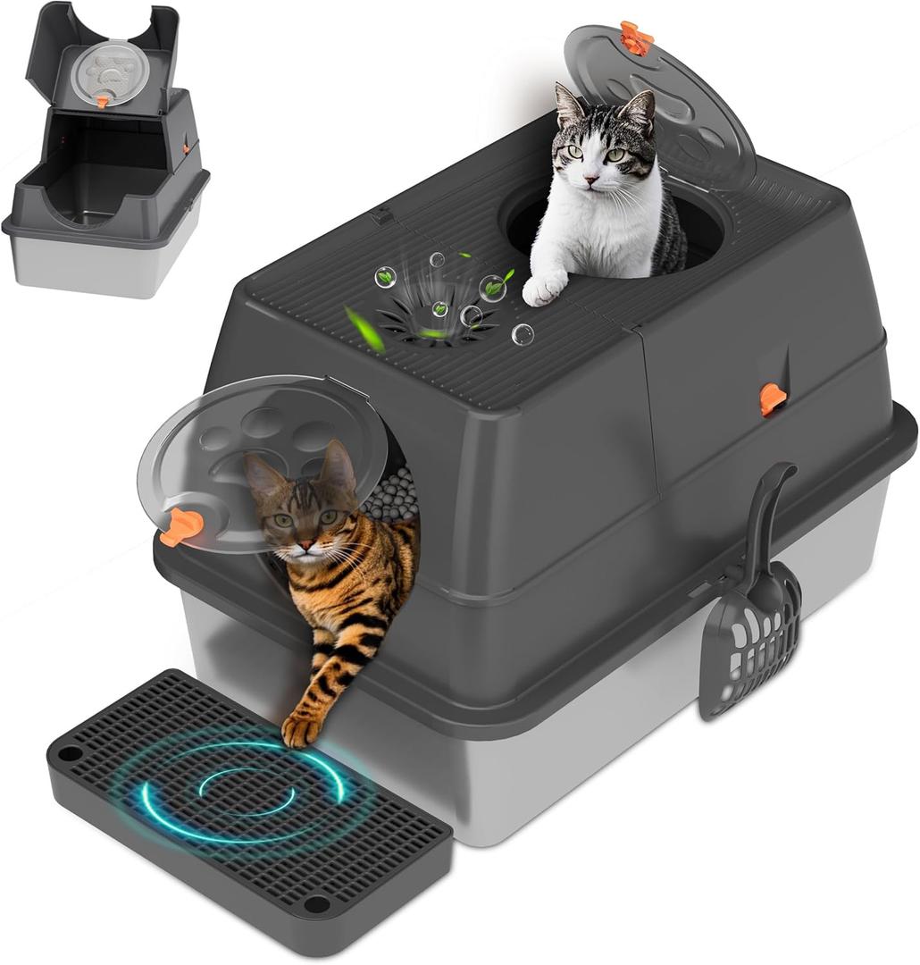 Stainless Steel Litter Box with Lid, XL Extra Large Cat Litter Box Enclosure, Front & Top Entry Covered Metal Cat Box with Steps & Scoop, Easy Cleaning (Dark Grey)
