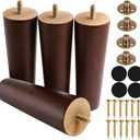 6 Inches Round Solid Wood Furniture Legs Set of 4, Brown Wooden Replacement Feet with Threaded 5/16'' Hanger Bolts for Sofa, Couch, Armchair, Cabinet, TV Stand, Ottoman and Dresser