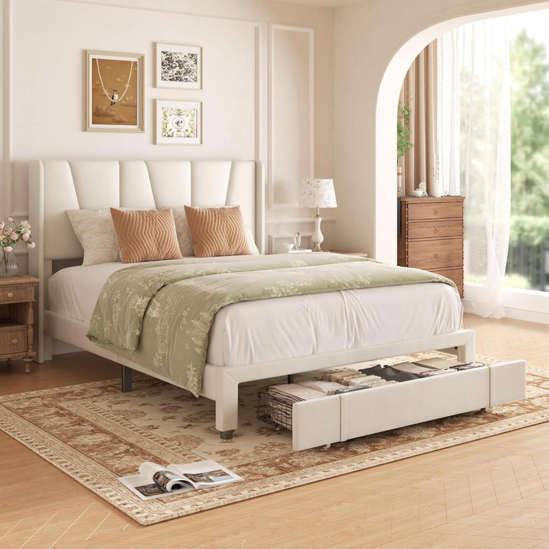 Full Bed Frame with Storage Drawers, Upholstered Full Size Platform Bed with 47" Tall Headboard and Wingboard, No Box Spring Needed, Noise Free, Easy Assembly, Wooden Support Slats, Beige