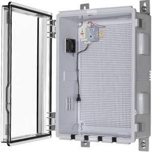 Outdoor Electrical Box with Thermostat and Fan, Ventilated Design, Cable Grommets, Indoor/Outdoor Use with Mounting Panel. (Clear Cover, 19.7"x15.7"x7.9")