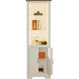 ChooChoo Farmhouse Corner Storage Cabinet with LED Lights, 5-Tier Bookshelf Stand with Barn Doors, 66.9" Gothic Corner Display Cabinet with Adjustable Shelf for Living Room, Farmhouse White