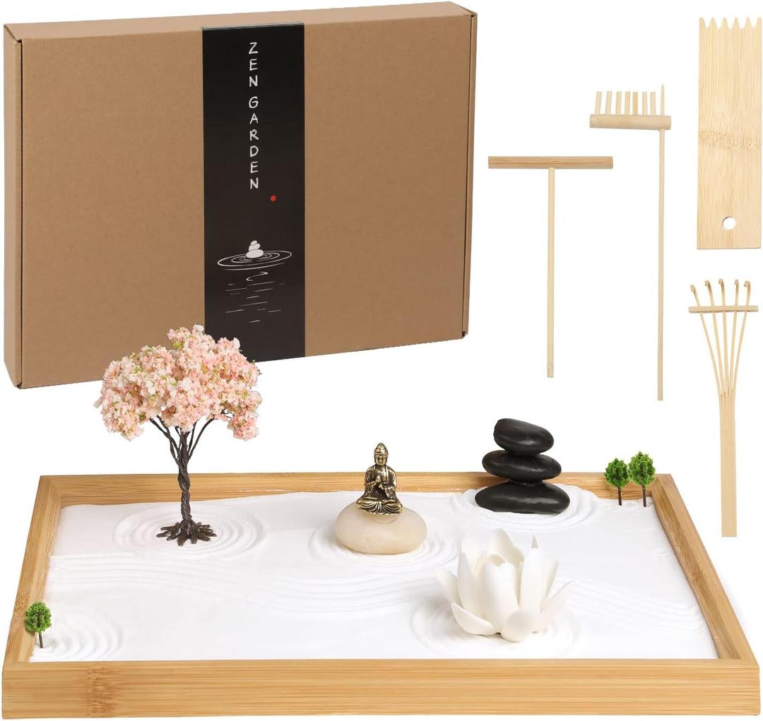 Mini Zen Garden for Desk 11x7.5in, Desktop Zen Garden Kit Sand Tray with Buddha, Japanese Gift Set for Home, Office, Room, Therapy Office Decor (Buddha)
