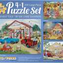 Bits and Pieces 4-in-1 Multi-Pack 300 Piece Jigsaw Puzzles for Adults Friendly Folk by Artist Kay Lamb Shannon, Completed Puzzle Size: 16" x 20"