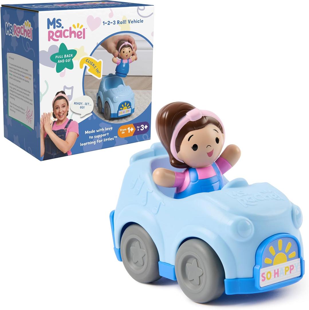 Ms. Rachel 1-2-3 Roll! Vehicle with Click-in Figure & Pull Back Action, Educational Toys & Toddler Toys for Girls & Boys Ages 1-3Y+