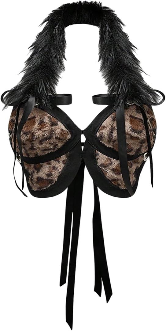 MakeMeChic Women's Plus Size Cheetah Halter Top Contrast Faux Fur Tie Back Y2K Going Out Tops (Black)