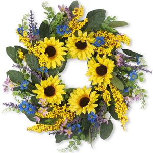 Wreaths for Spring and Summer 22 inch, Artificial Sunflower Wreath for Front Door with Green Leaves, Floral Wreath for Indoor and Outdoor