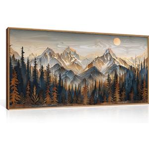 Mountain Wood Framed Canvas Wall Art Set,Rustic Pine Trees Wall Painting,Boho Ridge Scenery Wall Decor,Natural Sun landscape Art Print for Living Room,Bedroom,Dining Room,Office - 20"x40"x1