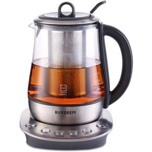 BUYDEEM K2423 Tea Maker, 316 Stainless Steel & Heat Resistant DURAN Glass Electric Kettle, Removable Infuser, Auto Keep Warm, 1.2L (1.3 Quarts)