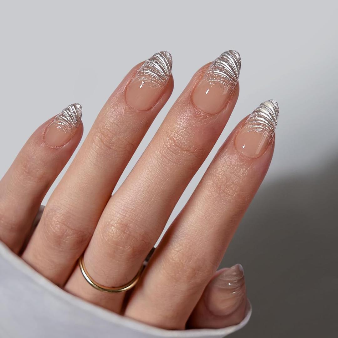 BTArtbox French Tip Press On Nails - Lamp-Curable 3D Sculpting Short Almond Press On Nails with Glue for Women, Semi-Transparent Soft Gel Glue On Nails in 16 Sizes - 32 Stick On Nails Kit, Exquiste