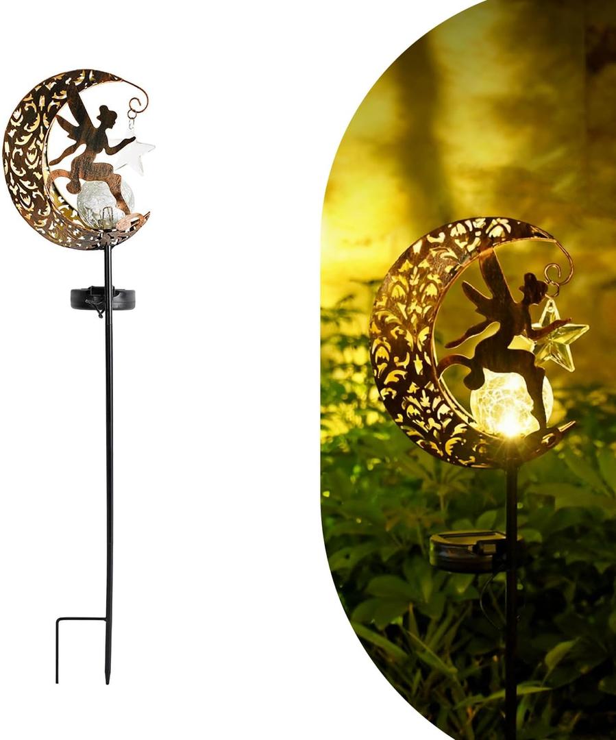 Solar Lights Garden Decorations Outdoor-Moon Fairy Lights with Crackle Glass Globe, Lawn Decorative Lights Waterproof Warm White LED, Decoration for Pathway Lawn Patio Courtyard Backyard(Moon Fairy)