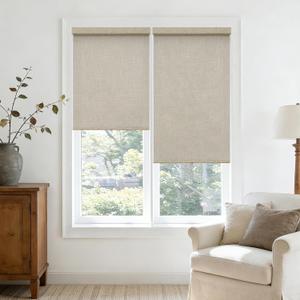 Cordless Roller Shades Light Filtering Blinds for French Door Rolled Up Shades with Valance, Semi Sheer Narrow Linen Flax Window Shades Blinds for Bedroom Bathroom Home Decor Beige 24" W x 72" H