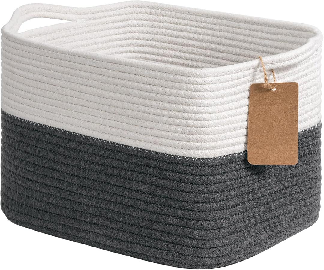 Goodpick Woven Storage Basket for Shelves, Baskets for Organizing, Cotton Rope Baskets with Handles, Rectangle Basket for Baby Toy Storage, 13 x 10 x 9 Inches, White & Dark Gray