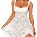 Women Lace Mini Dress See Through Coquette Rave Concert Club Party Going Out Sun Dresses Babydoll Lingerie Slip Dress, Small