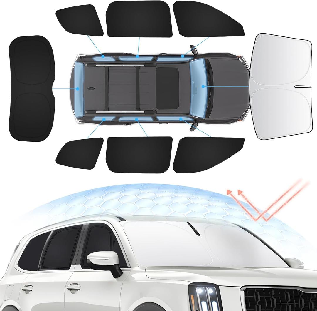 8PCS Windshield Sun Shade Kit for Kia Telluride 2020-2025 Full Privacy Side Rear Window Shade Cover Foldable Sun Visor Protector Blocks UV&Heat Telluride Interior Accessories