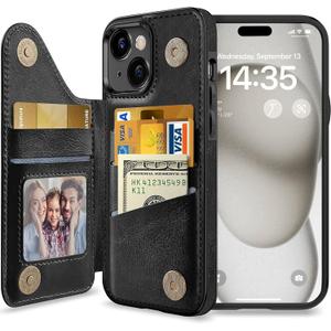 LOHASIC Wallet Case for iPhone 15 Plus, 5 Card Holder, Safe RFID Blocking, Vintage PU Leather Phone Cover for Men Women, Kickstand Flip Folio Portfolio, 6.7 Inch - Black