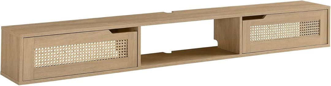 Walker Edison Destin Modern Rattan Flip-Down-Door Wall-Mounted Floating TV Stand for TVs up to 80 Inches, 70 Inch, Coastal Oak