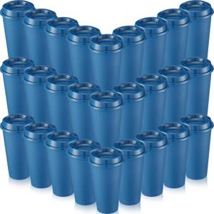 Honeydak 45 Pack 16 oz Reusable Coffee Cups with Lids Water Bottle Iced Coffee Travel Mug Reusable Portable Plastic Tea Tumblers Bulk for Hot and Cold Drinks Birthdays Party(Classic,Dark Blue)