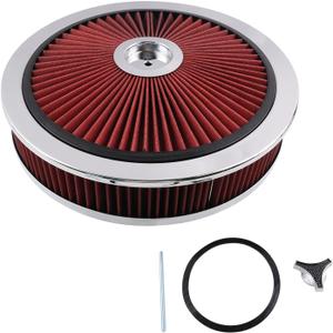 14" x 3" Chrome Red High Flow Air Cleaner Filter Top 5-1/8" Carb Neck for SBC BBC Engines Compatible with GMC Chevy Ford Chrysler Dodge V8 Hot Rod