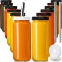 12 PACK, 16 OZ Glass Juice Bottles with Airtight Lids, Bonus 2 Straws & Perforated Lids, Reusable Juicer, Juicing Bottle - Clear Drinking Jars Cups, Water Bottles, Travel Juice Container, Black Caps