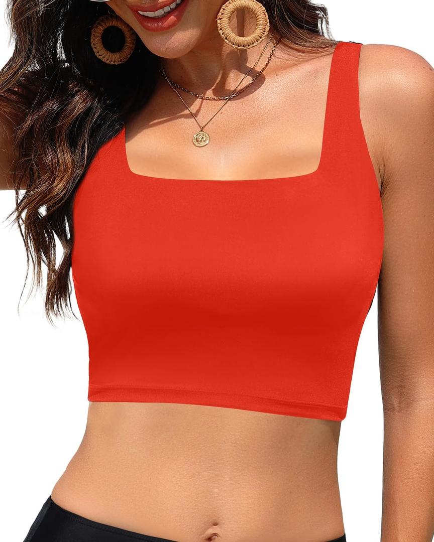 Women Sports Bra Swimsuit Top - Crop Bikini Top Only Modest Bathing Suit 2025 Square Neck Swimwear (L)