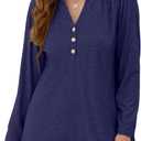 MONNURO Women's Plus Size Tops Henley V Neck Long Sleeve Button Down Shirts Blouses (Blue)