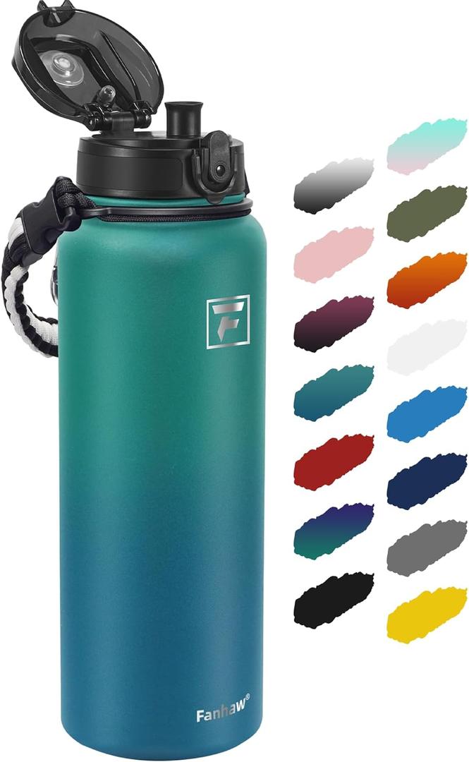 Fanhaw 40 Oz Insulated Stainless Steel Vacuum Water Bottle with Anti-Dust Pop-Open Lid - For Outdoor, Women, Men | Leak & Sweat Proof (Green Blue)