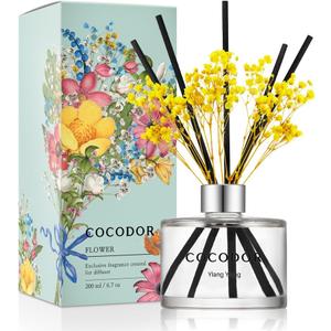 COCODOR Flower Reed Diffuser Set / 6.7oz / Ylang Ylang/Scent Diffuser with Sticks Home Fragrance Reed Diffuser for Bathroom Shelf Decor (Real Flower/6.7Ounce/1Pack)