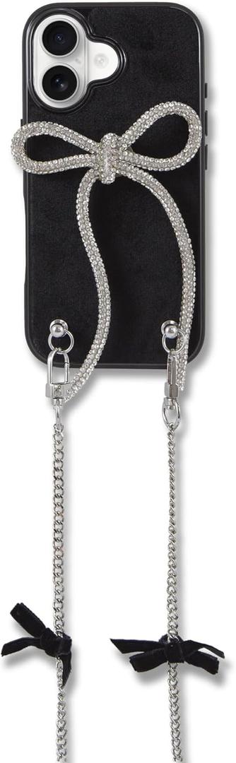 Crossbody Case for iPhone 16 - Black with Stylish Silver Detachable Chain - Big Bow