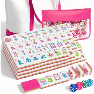 Soulchen 3 Layer American Mahjong Set, 168 Pcs Green and Pink Tiles with 2 Carrying Bags and Accessories 1.2'' Complete American Mahjong Tile Set for Travel Game Collection Women Lover Beginners