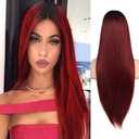 Kaneles Ombre Wine Red Wigs Long Straight Red Wigs for Women Ultra Soft Heat Resistant Fiber Party Cosplay Accessories (Ombre Wine Red)