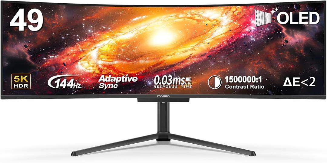 INNOCN 49" OLED Ultrawide Curved Monitor 5K2K 5120 x 1440p 144Hz, 0.03ms, Computer Monitor for AI PC, USB Type C 90W, HDMI 2.1, DisplayPort, USB Hub, Speakers, Adaptive-Sync, Adjustable Stand, Black