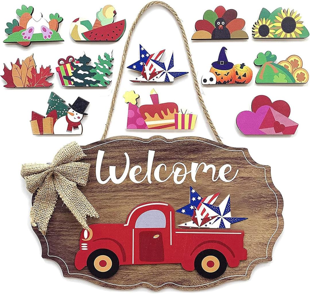 Interchangeable Seasonal Red Truck Welcome Sign for Front Door Porch Decor with 12 Holiday Icons Rustic Farmhouse Wooden Decorations Home Wall Hanging 4th of July
